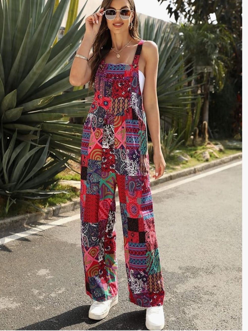 Summer Boho Floral Loose Wide Leg Jumpsuits with Pockets Patchwork Bib Overalls